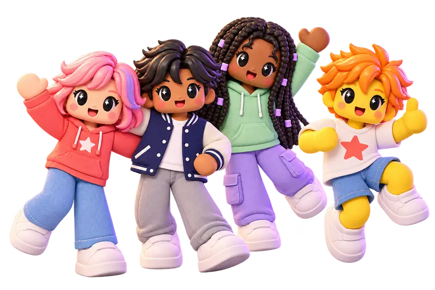 Four friendly characters wearing hoodies and a varsity jacket